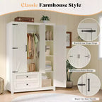 AMERLIFE Armoire de garde-robe de ferme 47 avec 3 portes, 2 tiroirs, tringle à vêtements et étagères réglables, organisateur de placard autoportant