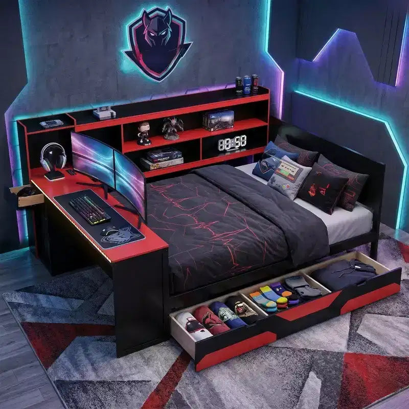 Lit de repos Gamer Hub avec bureau, lumières RGB, station de recharge, tiroirs de rangement et tête de lit bibliothèque