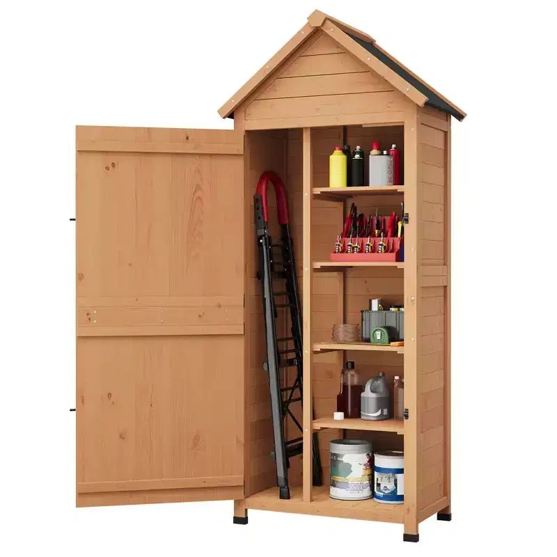 Armoire à outils d'extérieur en bois imperméable, avec portes doubles verrouillables, 3 étagères réglables et toit incliné – Rangement peu encombrant pour terrasse, cour ou pelouse