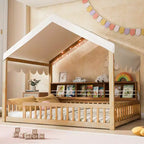 Cadre de lit en bois pleine grandeur Whisen, lit de repos en forme de maison avec clôture, 3 étagères de rangement, rideau