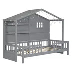 Lit cabane double avec étagères de rangement et barrières, cadre de lit Montessori en bois pour enfants avec fenêtre et bande lumineuse scintillante