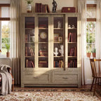Bibliothèque-vitrine Famapy Chêne Clair : 63cm de large, Portes Coulissantes en Verre + Tiroir de Rangement Organisateur Spacieux pour Bibliothèques à Domicile et Salons