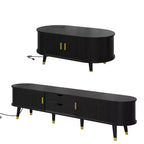 CLIHOME Meuble TV et table basse de ferme en bois avec station de recharge, console multimédia ovale cannelée pour TV jusqu'à 80 pouces