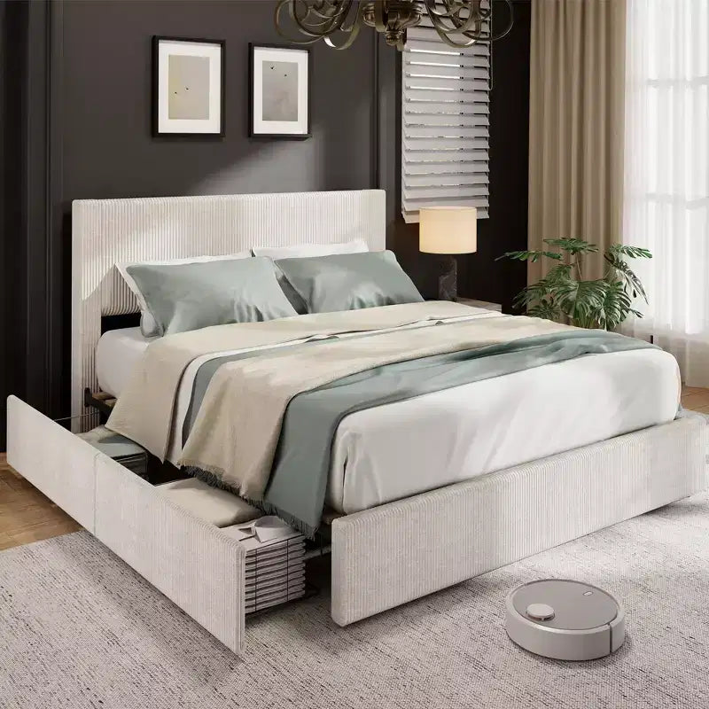 CuisinSmart Cadre de lit en velours côtelé avec tête de lit, cadre de lit rembourré avec plateforme, 4 tiroirs de rangement et support à lattes en bois