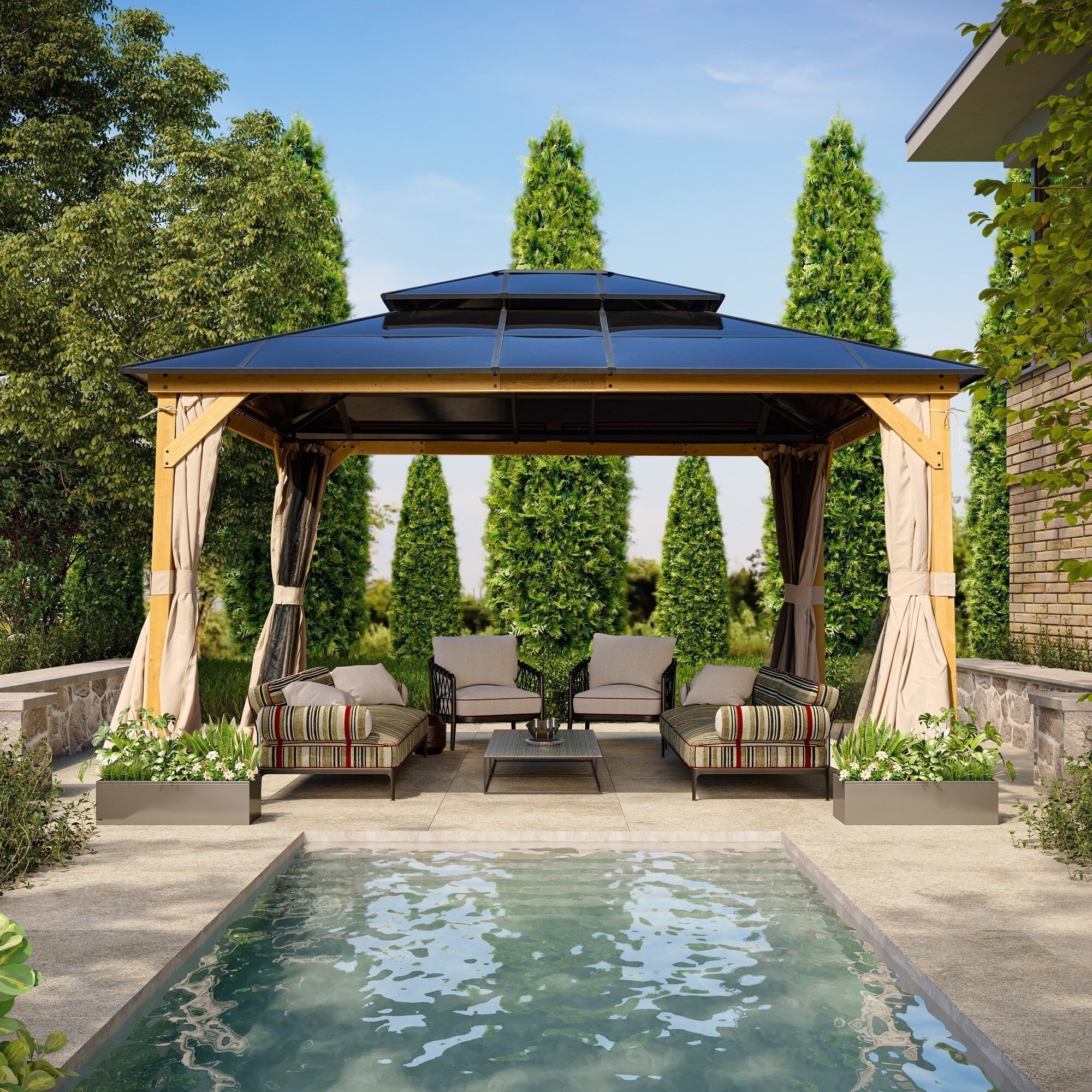 Tonnelle EROMMY à toit rigide, pergola extérieure avec double toit, moustiquaire et rideaux, auvent robuste pour patio, jardin, fête au bord de la piscine