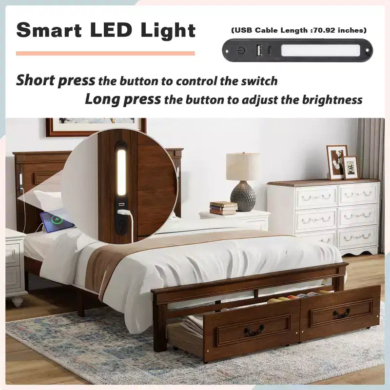 ModernLuxe Lit plateforme Queen/King Size avec tête de lit haute, cadre de lit rustique en bois avec 2 tiroirs, lumières LED et ports USB