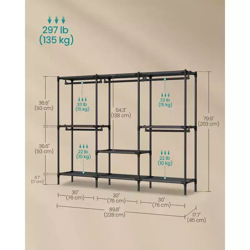 SONGMICS Portant à Vêtements Robuste, Organisateur de Placard avec Barres de Penderie et Étagères, Charge Totale 135 kg, Montage Facile, Noir Encre