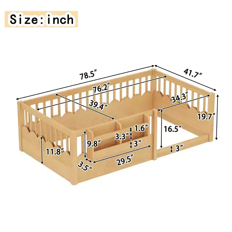 Lit d'enfant Bellemave avec clôture rehaussée et étagère, cadre de lit Montessori double en bois pour filles et garçons