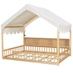 Cadre de lit en bois pleine grandeur Whisen, lit de repos en forme de maison avec clôture, 3 étagères de rangement, rideau