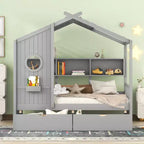 Lit cabane en bois double/complet avec 2 tiroirs, lit pour enfants avec étagère de rangement - ModernLuxe