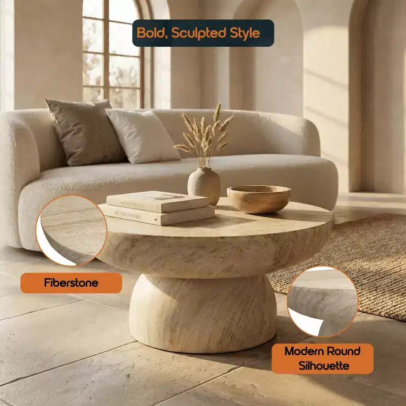 Table basse ronde Lunexa de LeisureMod, table d'appoint à piédestal en pierre de fibre pour utilisation intérieure ou extérieure, design sculpté avec patins antidérapants