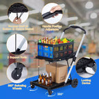 Chariots de courses pliants à 2 niveaux pour l'épicerie, capacité de 90 kg, chariot d'épicerie pliable portable avec roues et caisse amovible pour centre commercial, bleu