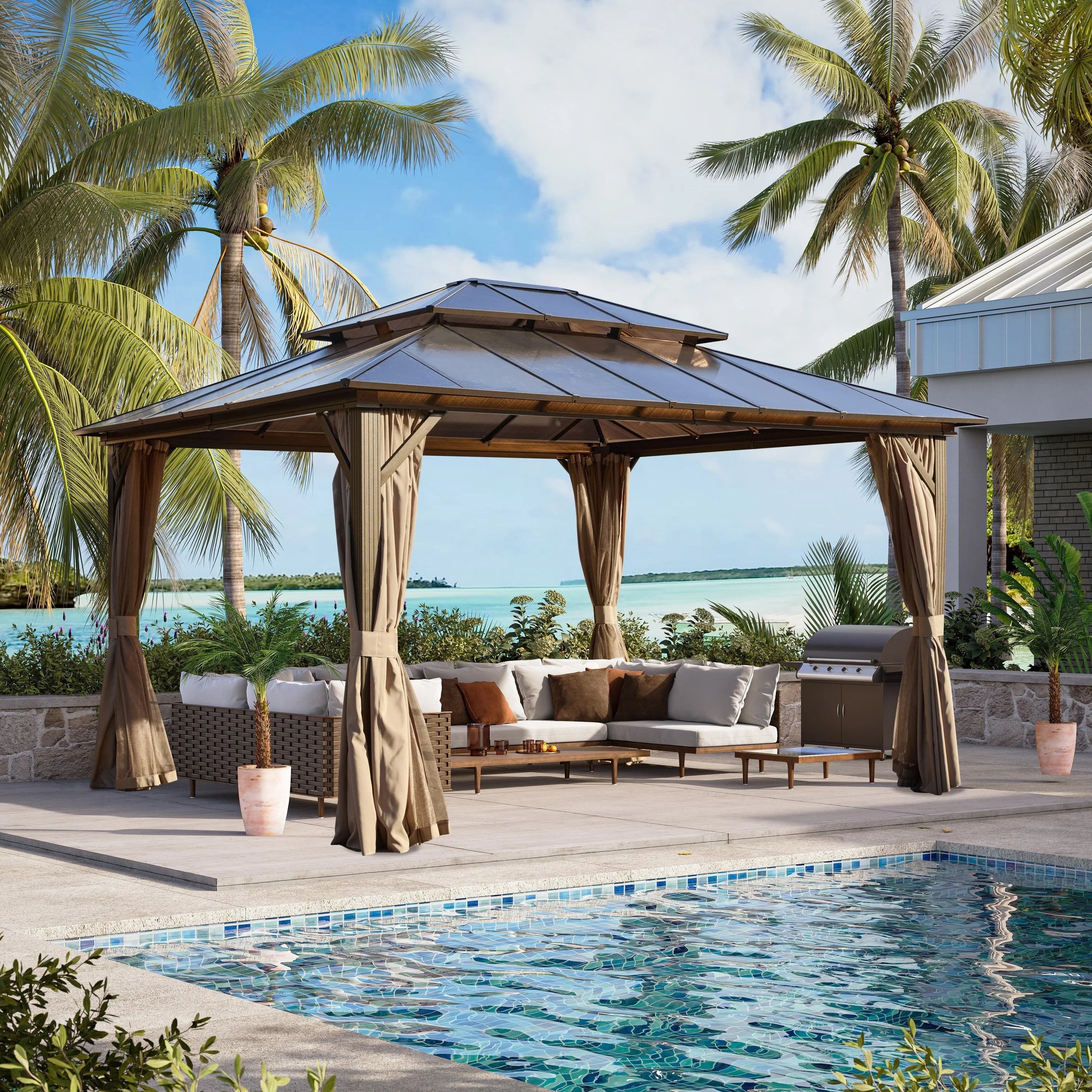 Tonnelle EROMMY à toit rigide, pergola extérieure avec double toit, moustiquaire et rideaux, auvent robuste pour patio, jardin, fête au bord de la piscine