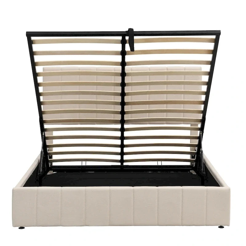 Lit plateforme rembourré Queen avec système de rangement hydraulique - Beige