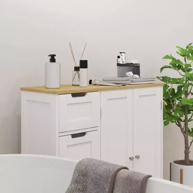 Meuble bas de salle de bain HOMCOM avec étagère réglable, meuble de rangement de salle de bain autoportant avec 4 tiroirs et 2 portes, blanc