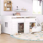 Lit mezzanine jumeau Okak en bois massif avec escalier et rangement, lits superposés jumeaux à profil bas avec tiroirs et étagères, lits mezzanine multifonctionnels pour enfants et adolescents