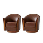 Fauteuil club pivotant en cuir véritable Pocono avec piétement en bois massif, lot de 2Artful Living Design