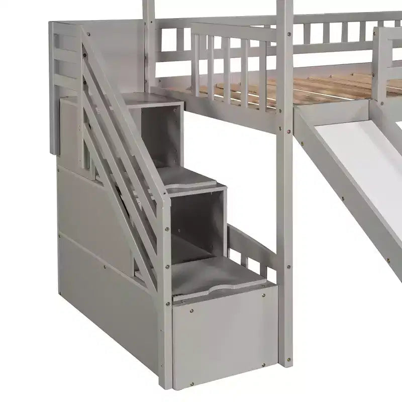 Lit mezzanine jumeau avec toboggan et escalier, lit mezzanine avec tiroirs de rangement, lit mezzanine cabane en bois pour enfants et tout-petits