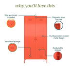 Armoire de rangement haute en métal à 2 portes, orange/rose, 1 personne