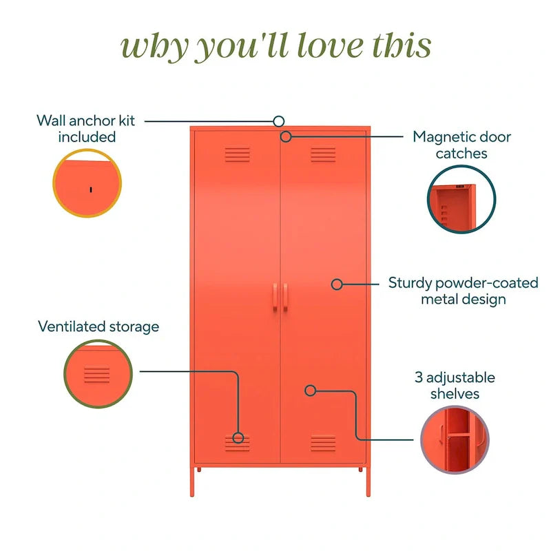 Armoire de rangement haute en métal à 2 portes, orange/rose, 1 personne