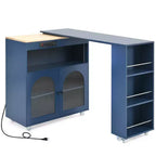 Îlot de cuisine roulant avec 2 portes en verre, Desserte de cuisine avec table extensible et prises de courant, Îlot de cuisine avec étagères ouvertes latérales