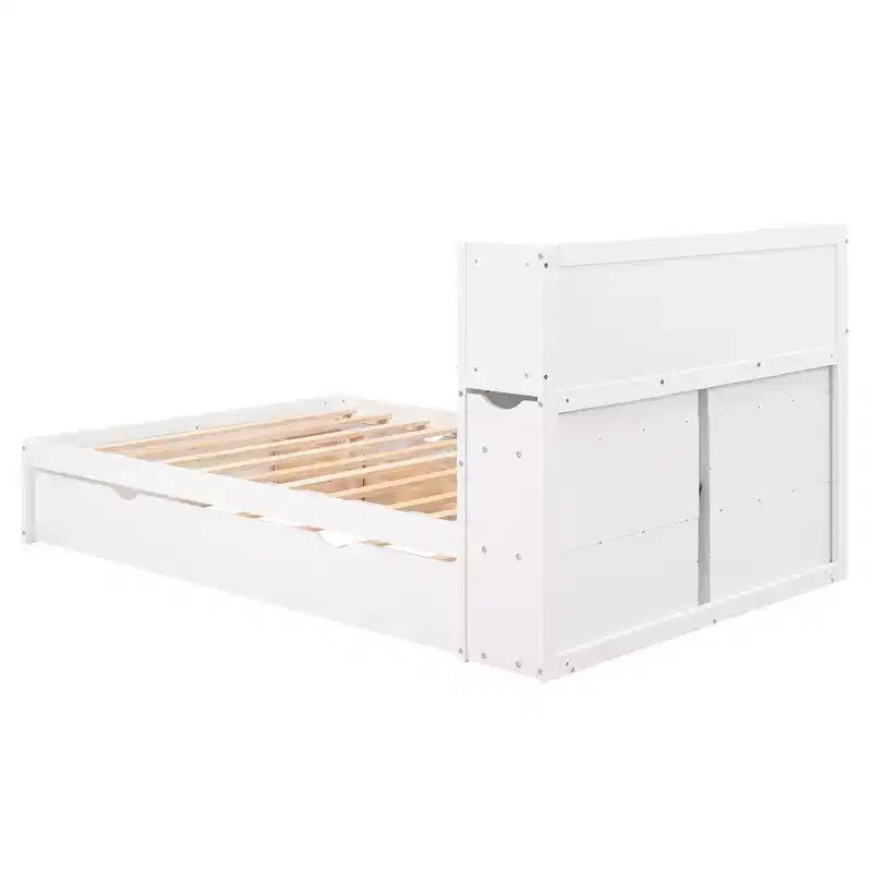 Lit plateforme complet avec lit gigogne, tête de lit bibliothèque et station de recharge, cadre de lit double en bois avec étagères et tiroirs