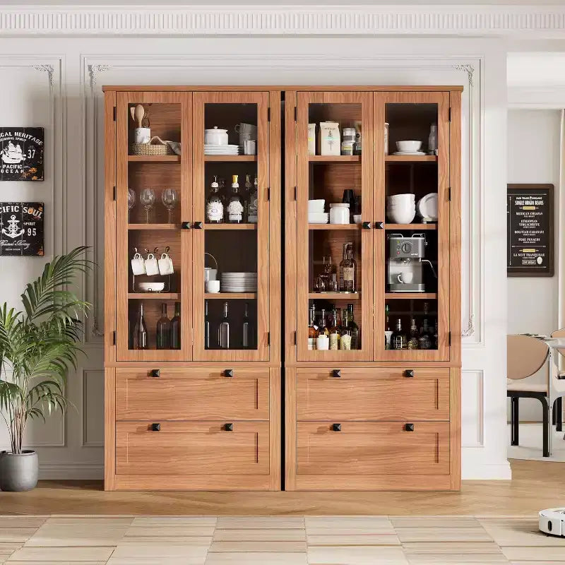 Vaisselier de cuisine de ferme avec portes vitrées, Armoire de rangement de 183 cm avec tiroirs et étagères réglables pour salle à manger, salle de bain, salon