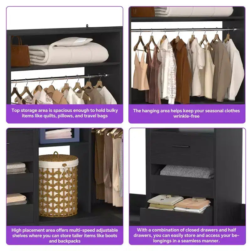 Besiost Lot de 3 dressings d'angle avec étagères et tiroirs, organisateur de placard autoportant avec tringles à vêtements
