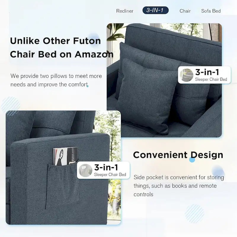 Fauteuil convertible 3-en-1, plusieurs coloris, une place