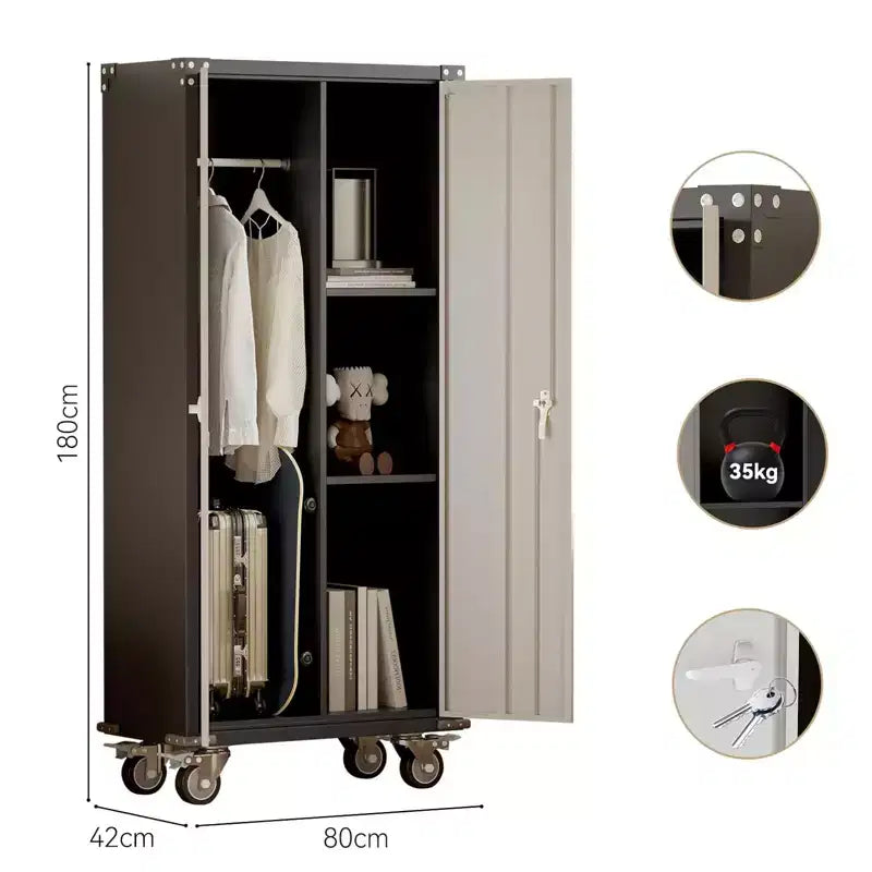 Armoire de rangement de garage avec roues et panneau perforé, armoire de rangement métallique verrouillable de 72 po de hauteur avec 2 portes et 4 étagères réglables pour atelier de garage