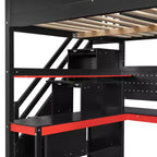 Lit mezzanine GDFStudio Scott en bois avec escalier de rangement, bureau, étagères et panneau perforé