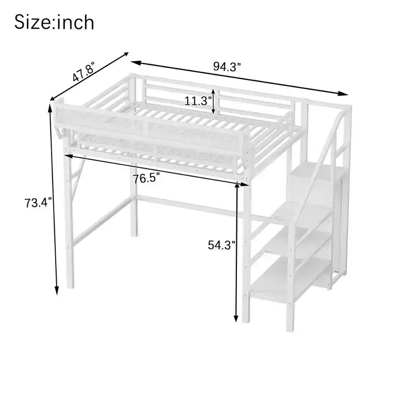 Lit mezzanine jumeau Okak 94IN avec armoire, lit jumeau avec étagères de rangement et panier, cadres de lit pour chambre à coucher, dortoir