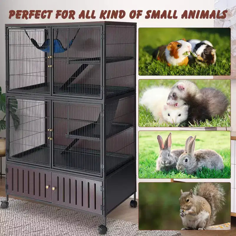 Grande Cage pour Petits Animaux, Cage à Furets - Habitat à 5 Niveaux de 150 cm avec Armoire de Rangement, Comprend Hamac/Roues/Rampes Amovibles/Plateaux Faciles à Nettoyer