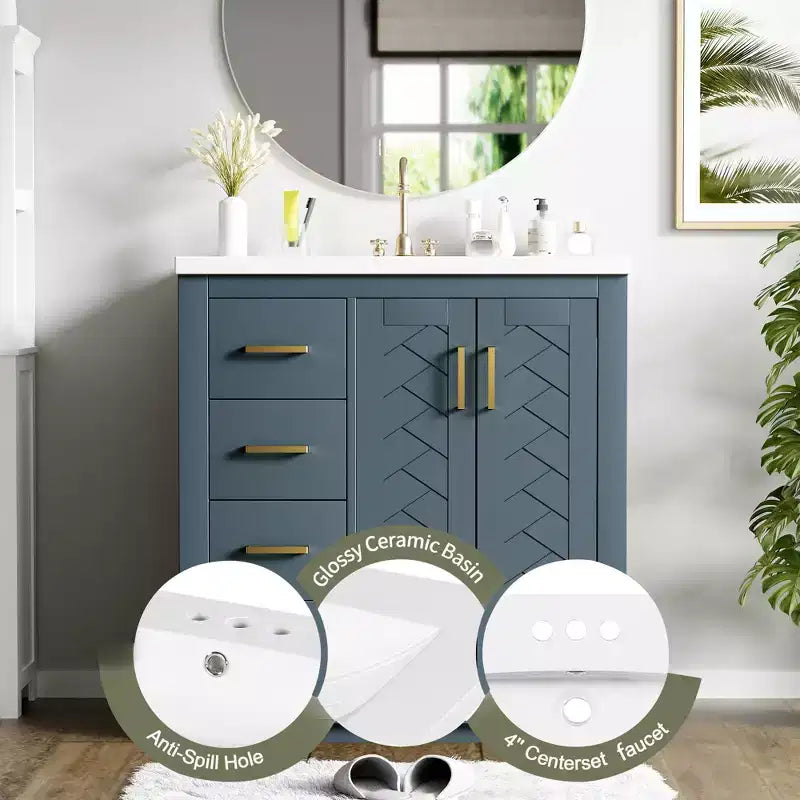 Meuble-lavabo simple de 76 cm avec armoire et 3 tiroirs – Noir / Bleu / Vert / Indigo / Blanc
