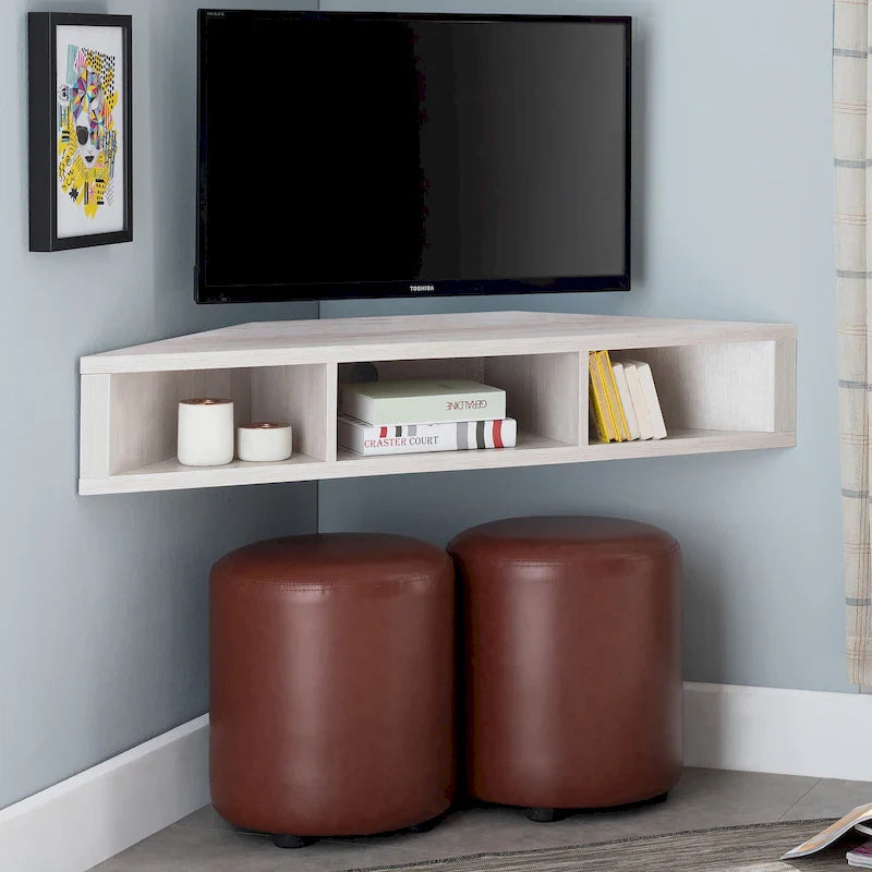 Meuble TV d'angle flottant 47", 3 étagères, style transitoire, fixation murale peu encombrante