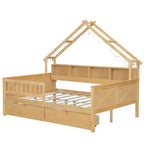 Cadre de lit maison pleine grandeur avec tiroirs, lit plate-forme maison avec lumières LED, étagères de rangement et tiroirs, lit de repos en bois avec toit et garde-corps