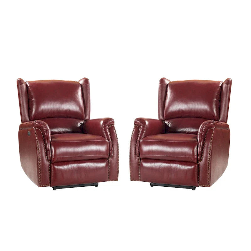 Fauteuil inclinable électrique en cuir véritable avec port USB – Ensemble de 2 fauteuils à oreilles cloutés