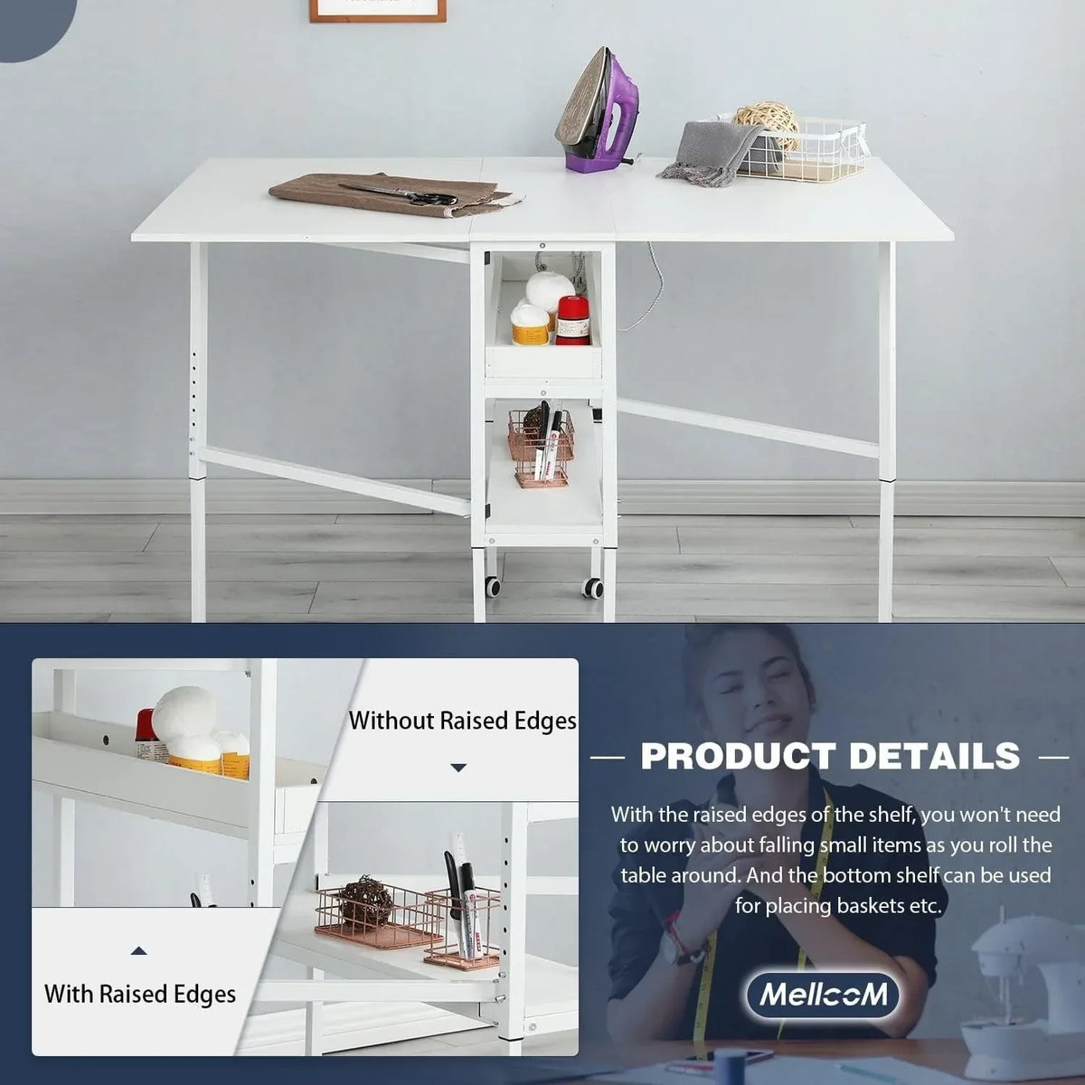 Table artisanale réglable en hauteur avec étagères de rangement, table de coupe pliante mobile pour bureau à domicile, salle de couture, salle d'artisanat