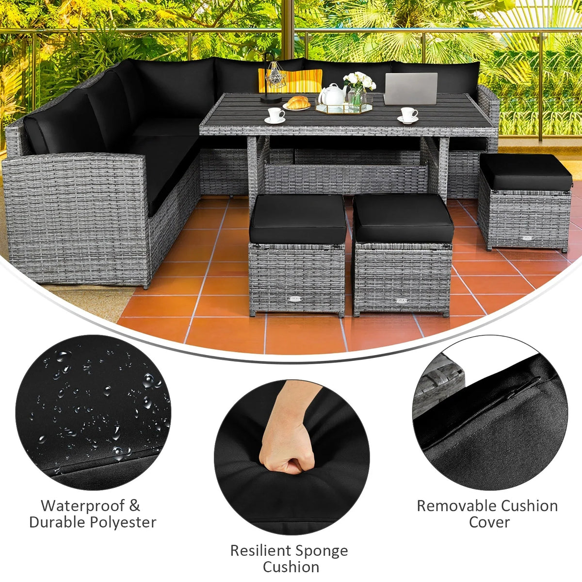 Ensemble de salle à manger Costway 7 pièces en rotin pour terrasse, canapé sectionnel et pouf - Voir détails