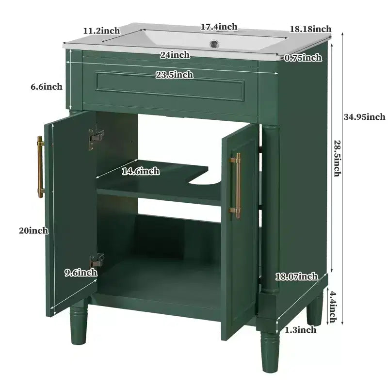 Meuble-lavabo de 24 po avec évier en céramique, armoire Shaker, 2 portes à fermeture amortie, cadre en bois massif pour petite salle de bain ou salle d'eau