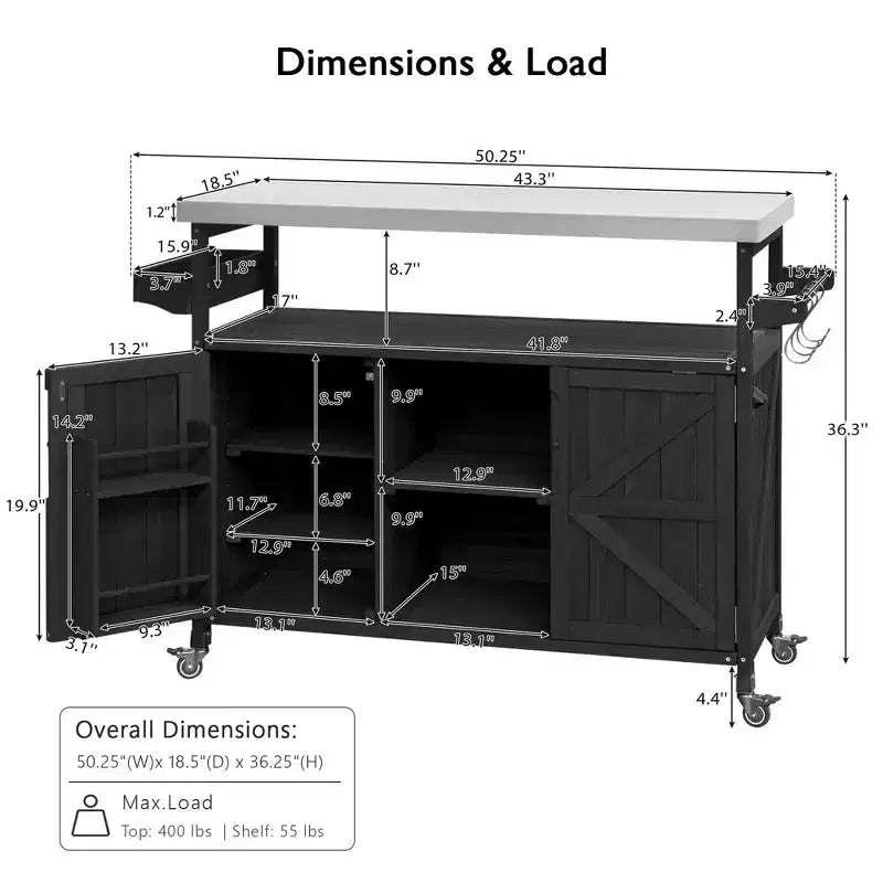 Îlot de cuisine d'extérieur Okak avec plateau en acier inoxydable, chariot de cuisine en bois avec portes, étagères et porte-épices, îlot de cuisine roulant