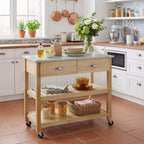 Desserte de cuisine roulante avec plateau en marbre, îlot de cuisine en bois massif avec 2 tiroirs, chariot de cuisine à 3 niveaux avec roues détachables verrouillables et porte-serviettes
