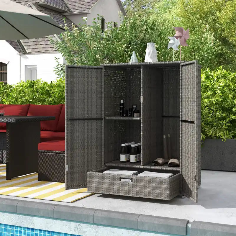 Armoire de rangement extérieure en osier, armoire de rangement pour serviettes de piscine