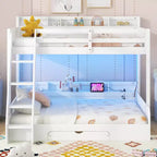 Lit superposé double sur toute la longueur avec rangement, lumières LED et station de charge, lit superposé en bois avec étagères latérales pour enfants et adolescents