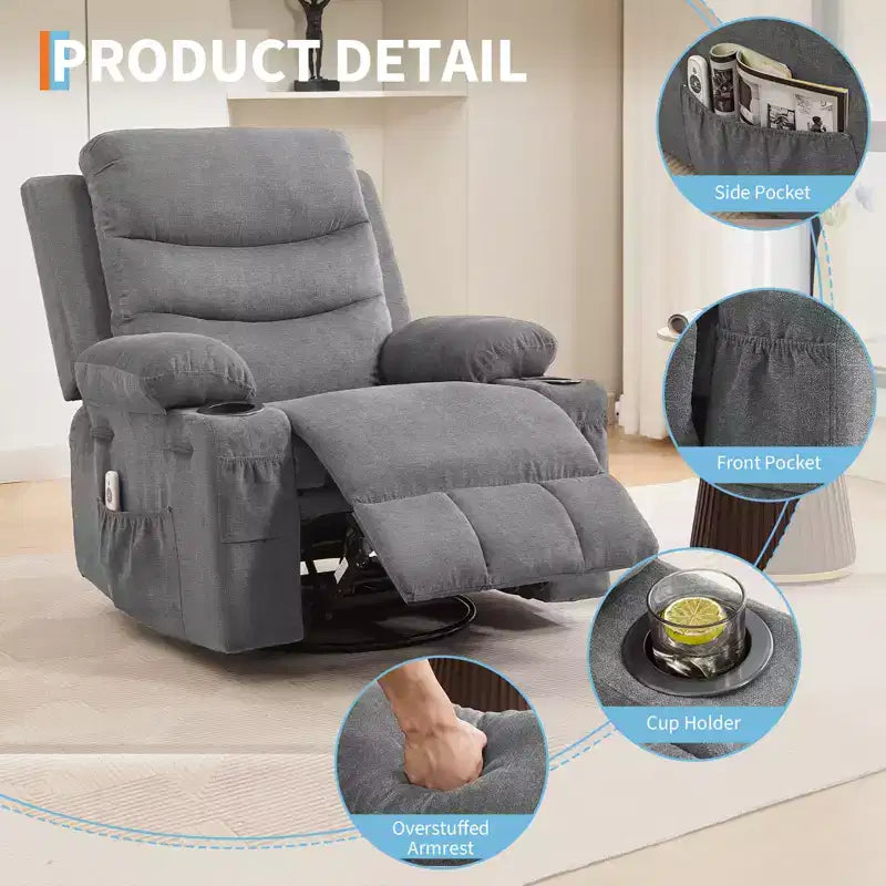 Fauteuil Inclinable Pivotant avec Massage et Chaleur, Fauteuil à Bascule 360° avec Porte-Gobelets et Poches Latérales, Canapé Ergonomique pour Salon, Camping-car, Chambre de Bébé