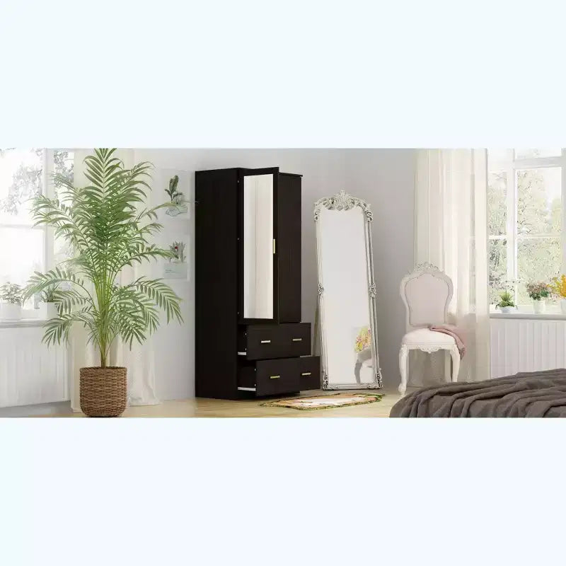 Hitow Armoire de rangement double tiroir avec portes miroir et zones de rangement