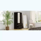 Hitow Armoire de rangement double tiroir avec portes miroir et zones de rangement