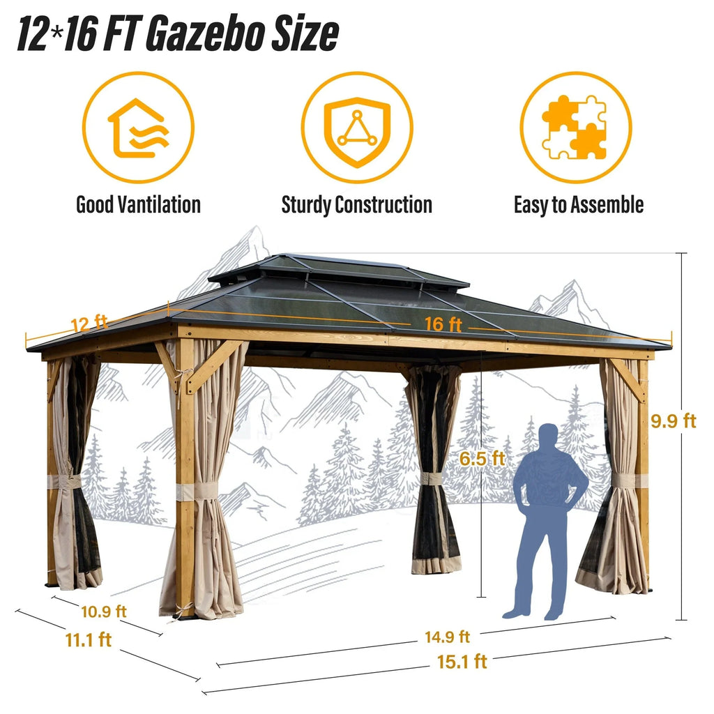 Tonnelle EROMMY à toit rigide, pergola extérieure avec double toit, moustiquaire et rideaux, auvent robuste pour patio, jardin, fête au bord de la piscine