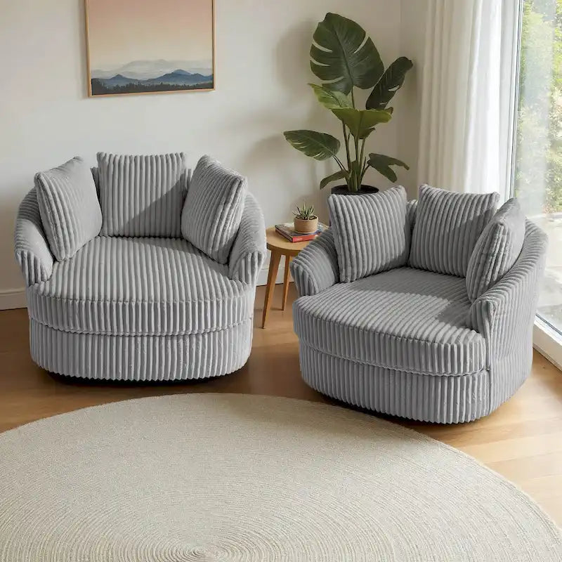 Lot de 2 fauteuils pivotants ronds surdimensionnés en velours côtelé moelleux de 43 po de large avec oreillers