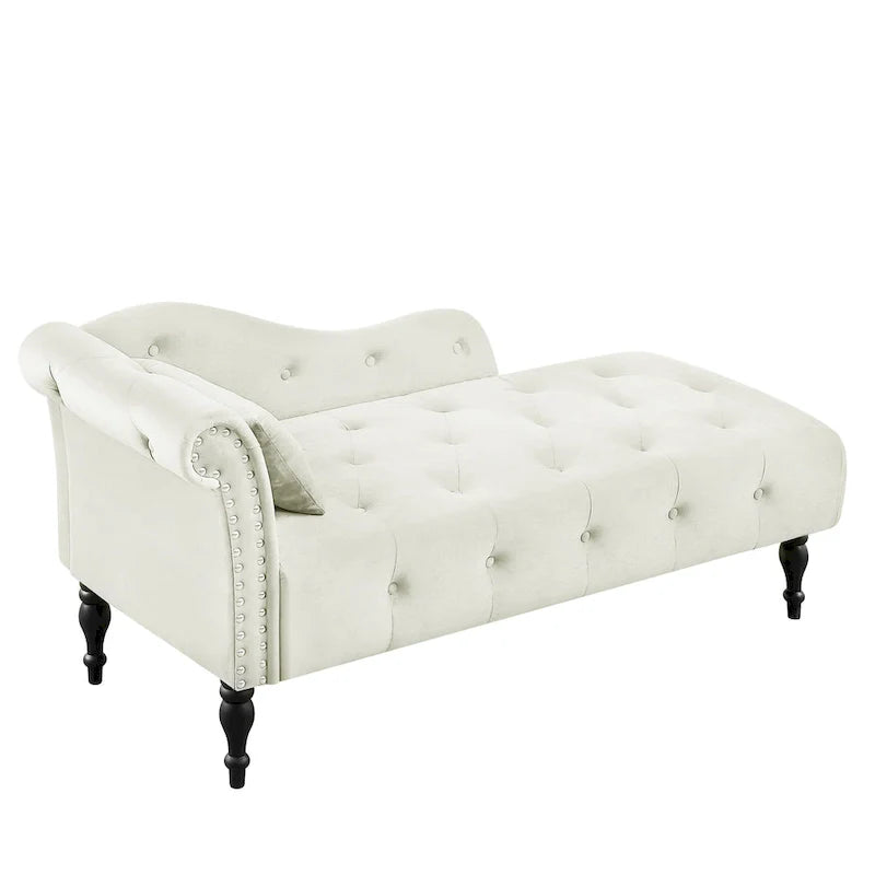 Chaise longue moderne de 154 cm avec revêtement en velours, boutons capitonnés, pieds en bois massif et clous de tapissier